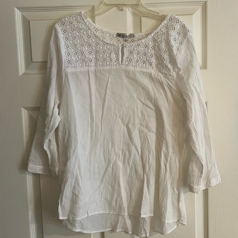 3/$10 Down East White Blouse with Unique Lace Yoke